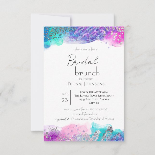 Bright Fun Mermaid Ink Glitter Bridal Brunch Invitation (Front)