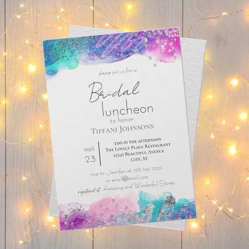 Bright Fun Mermaid Ink Glitter Bridal Luncheon Invitation