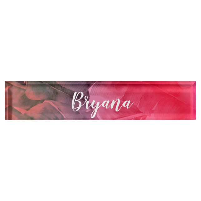 Bright Fun Pink Tropical Summer Palm Leaves Desk Name Plate (Front)