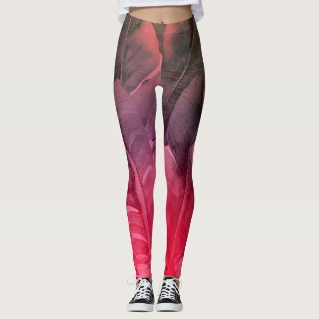 Bright Fun Pink Tropical Summer Palm Leaves Leggings (Front)
