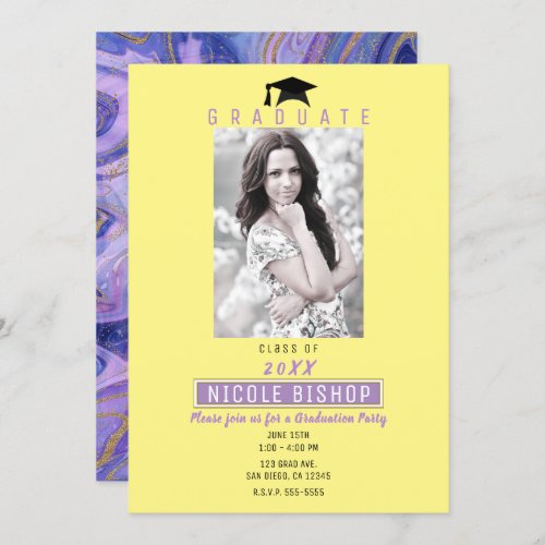 Bright Fun Purple Yellow Graduation Photo Party  Invitation