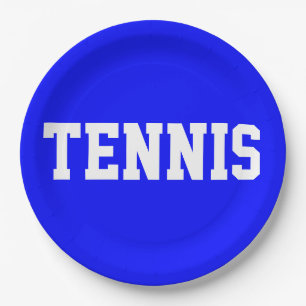 Bright Fun Royal Blue Athletic White TENNIS Text Paper Plates