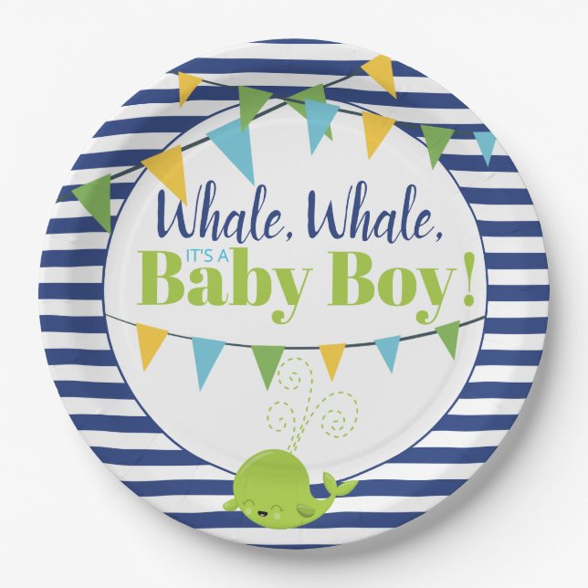 Bright Fun Typography Cute Whale Boy Baby Shower Paper Plates (Front)