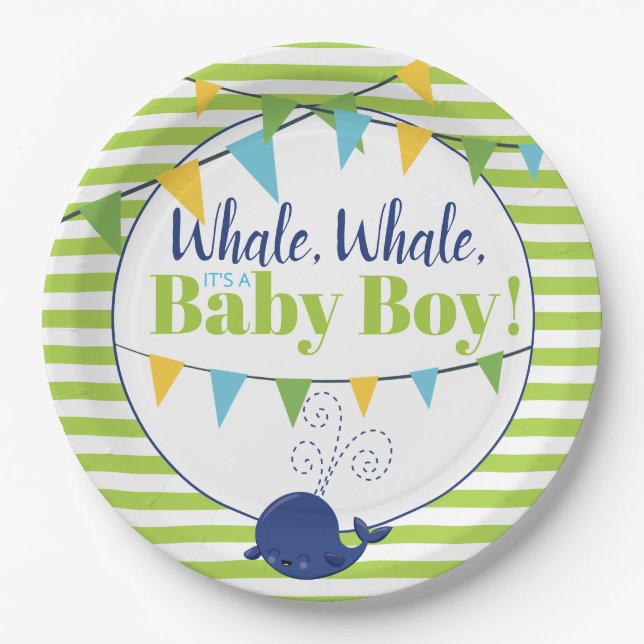 Bright Fun Typography Cute Whale Boy Baby Shower Paper Plates (Front)