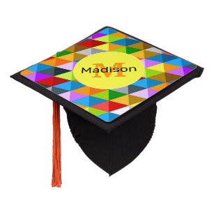 Bright funky colorful triangles pattern Monogram Graduation Cap Topper
