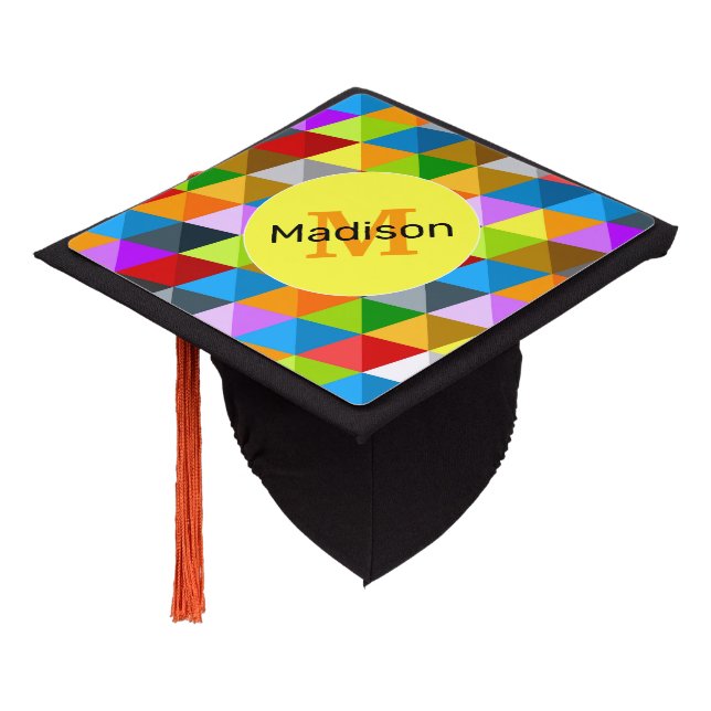 Bright funky colorful triangles pattern Monogram Graduation Cap Topper (Angled)