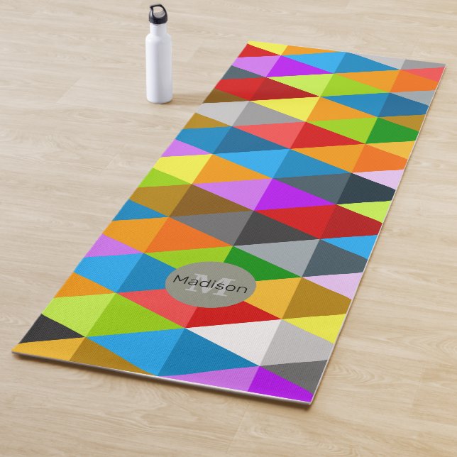 Bright funky colorful triangles pattern Monogram Yoga Mat (In Situ)