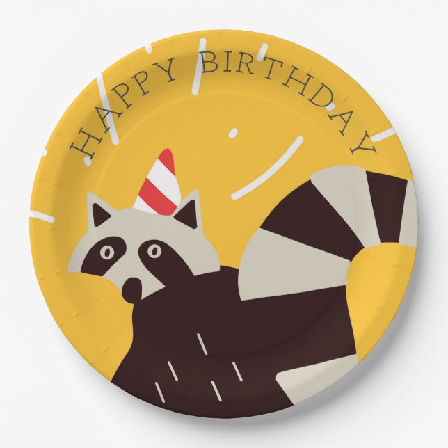 Bright Funky Happy Birthday Raccoon Paper Plate (Front)