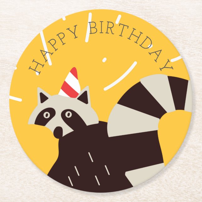 Bright Funky Happy Birthday Raccoon Paper Plate Round Paper Coaster (Front)