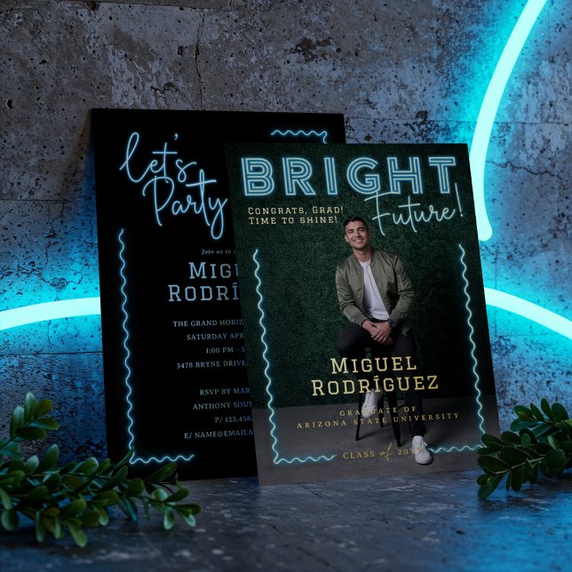 Bright Future Blue Neon Grad Photo Graduation Foil Invitation (Bright Future Blue Neon Grad Photo Graduation Foil Invitation)
