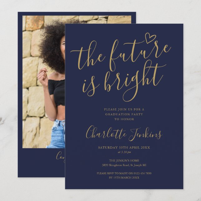 Bright Future Gold Script Photo Graduation Party Invitation (Front/Back)