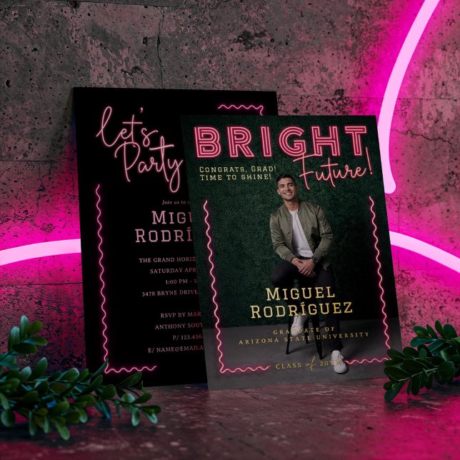 Bright Future Pink Neon Grad Photo Graduation Foil Invitation (Bright Future Pink Neon Grad Photo Graduation Foil Invitation)