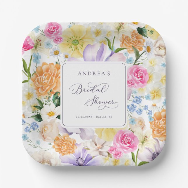 Bright Garden Floral Spring Summer Bridal Shower Paper Plates (Front)