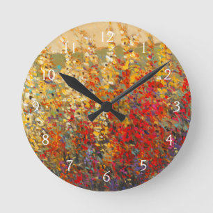 Bright Garden Mural of Spring Wildflowers Round Clock