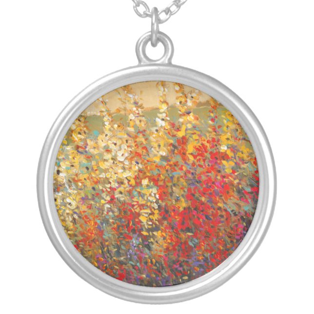 Bright Garden Mural of Spring Wildflowers Silver Plated Necklace (Front)