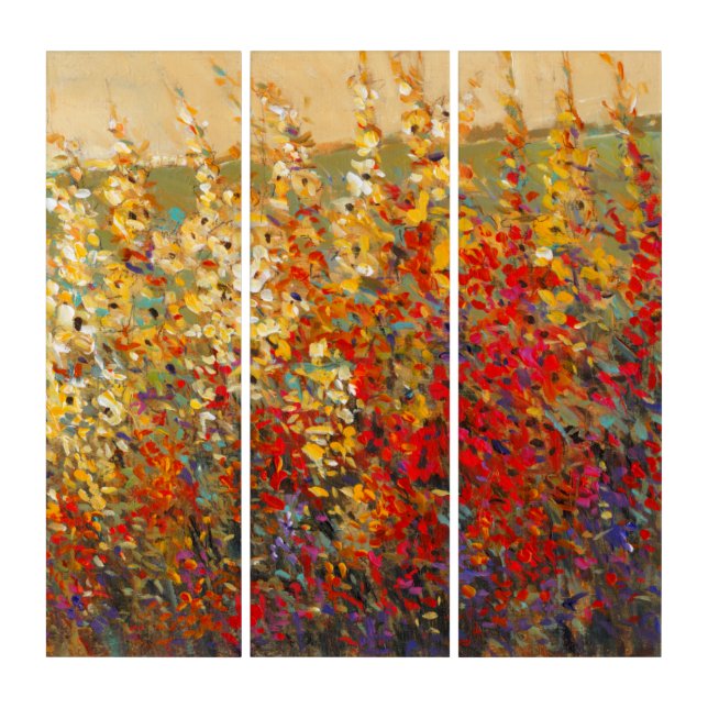 Bright Garden Mural of Spring Wildflowers Triptych (Front)