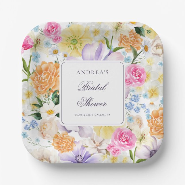 Bright Garden Spring Floral Summer Bridal Shower Paper Plates (Front)