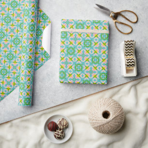 Bright Geometric Kaleidoscope Pattern Blue Green Wrapping Paper