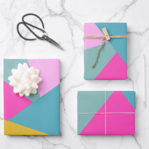Bright Geometric Sunburst Shapes Hot Pink Yellow Wrapping Paper Sheets