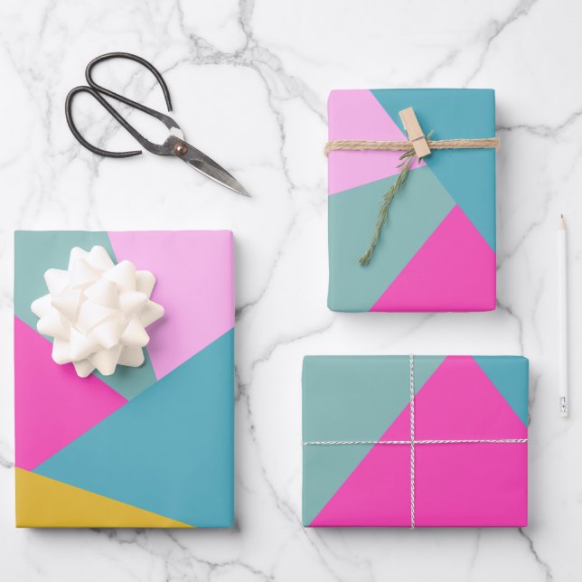 Bright Geometric Sunburst Shapes Hot Pink Yellow  Wrapping Paper Sheets (Front)