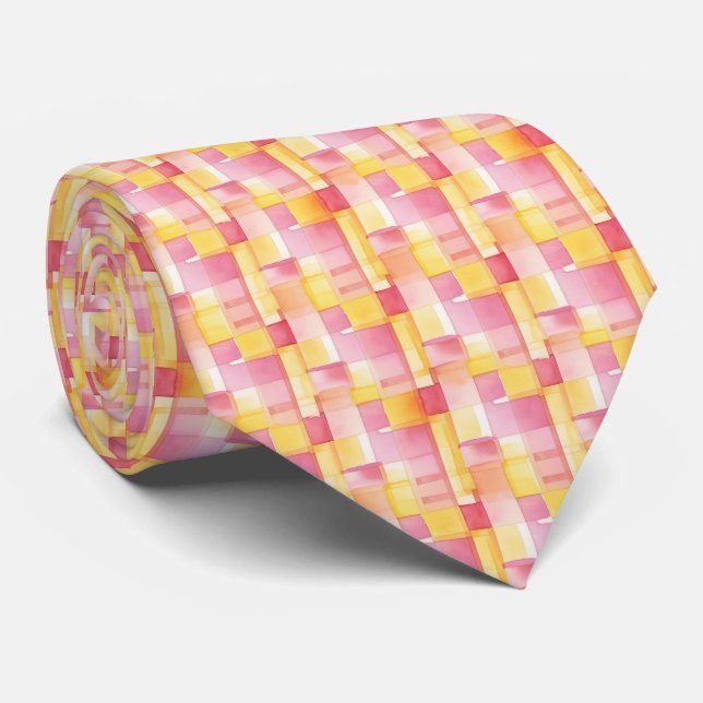 Bright Geometric Weave “Pink Lemonade” Abstract Neck Tie (Rolled)