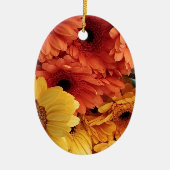Bright Gerbera Flowers, Orange Yellow, Flora Ceramic Ornament (Front)