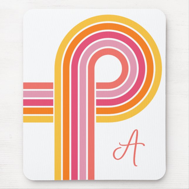 Bright Girly Curved Stripes Pattern with Monogram Mouse Pad (Front)
