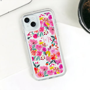 Bright girly pink floral watercolor monogram iPhone 15 plus case