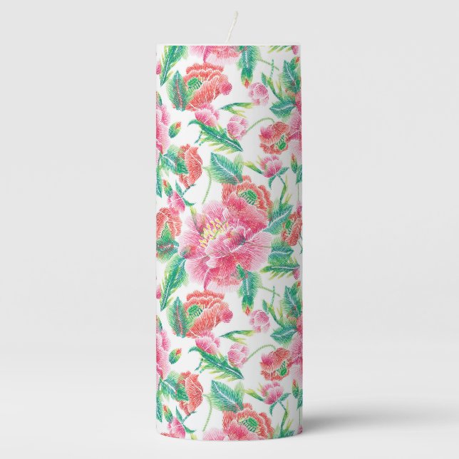 Bright Girly Pink Flowers Pattern Pillar Candle (Front)