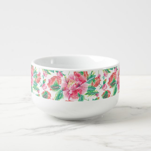 Bright Girly Pink Flowers Pattern Soup Mug (Front)