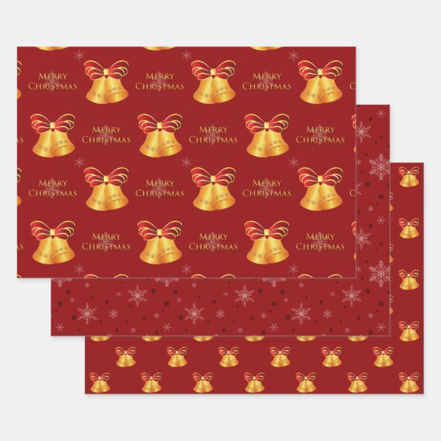 Bright Gold Bells and Red Snowflakes Christmas Wrapping Paper Sheets (Set)