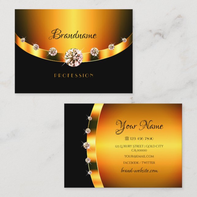 Bright Gold Effect Black with Sparkling Diamonds Business Card (Front/Back)