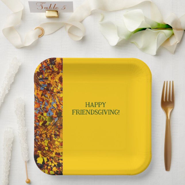Bright Gold Leaves Thanksgiving Friendsgiving Paper Plates (Wedding)