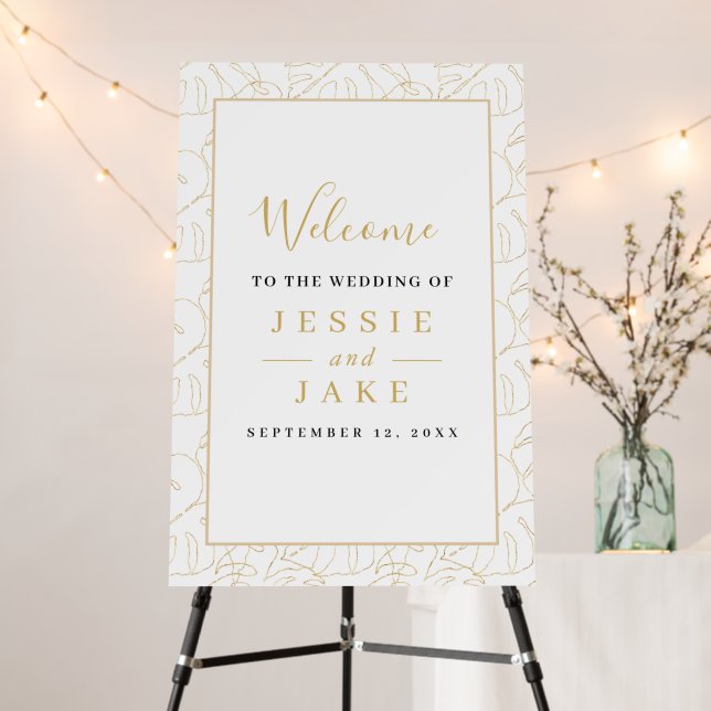 Bright Gold monstera leaf Wedding Welcome sign (In Situ (Stand))