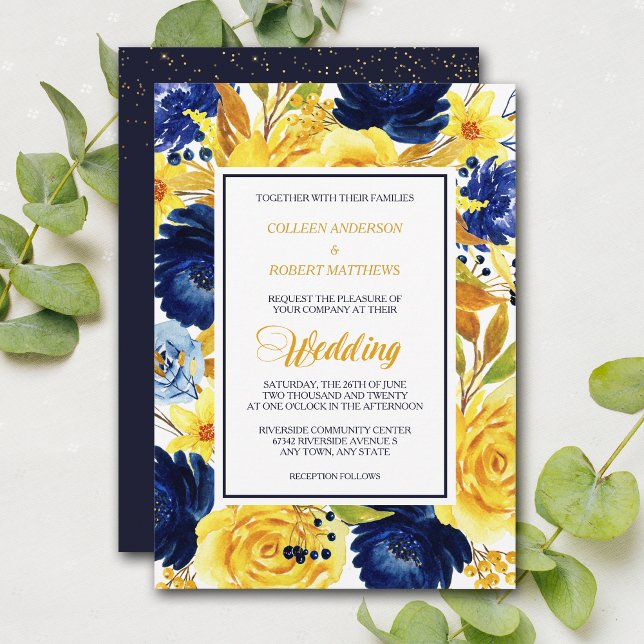Bright Gold Navy Blue Floral Modern Wedding Invite (Creator Uploaded)