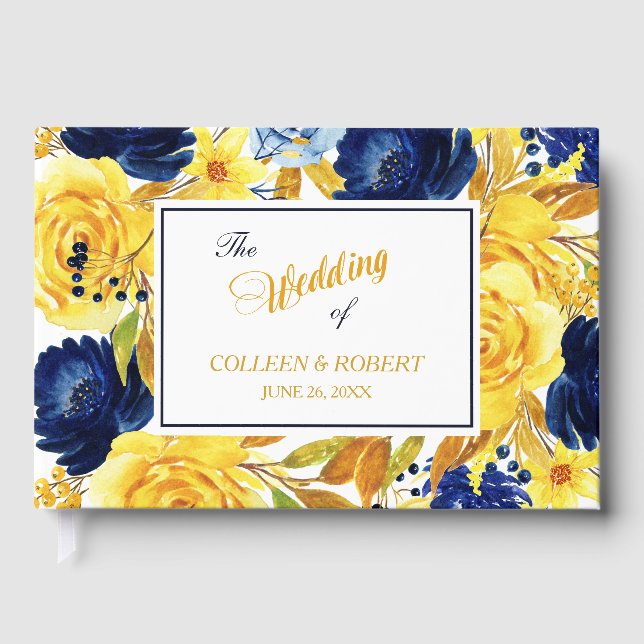 Bright Gold Navy Blue Floral Wedding Guest Book (Front)