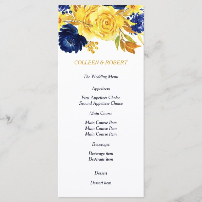 Bright Gold Navy Blue Floral Wedding Menu (Front)