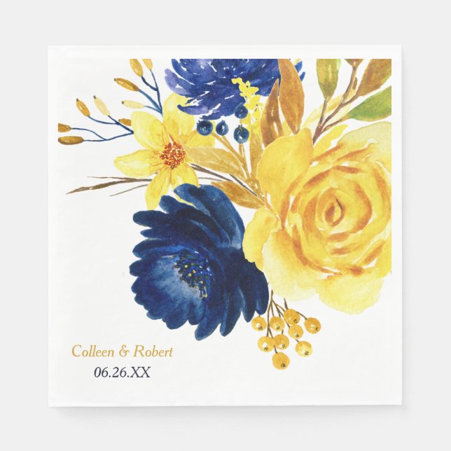 Bright Gold Navy Blue Floral Wedding Paper Napkins (Front)