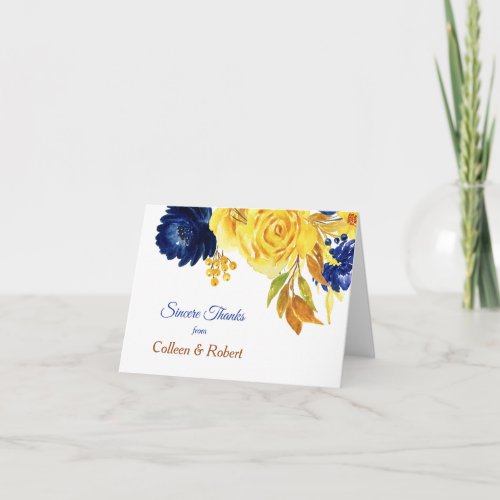 Bright Gold Navy Blue Floral Wedding Thank You Card