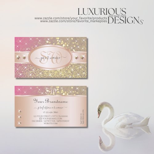 Bright Gold Pink Purple Glitter Jewels Initials Business Card