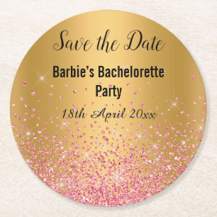 BRIGHT GOLD PINK SPARKLE ELEGANT SAVE THE DATE ROUND PAPER COASTER