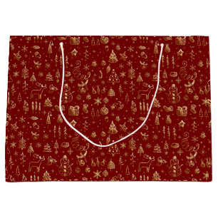 Bright Gold Red Boho Christmas Trees Snow Candy Large Gift Bag