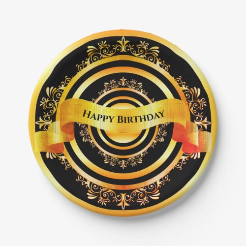 Bright Gold Stylish Embellished Happy Birthday Paper Plates