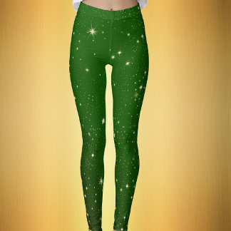 Bright Golden Twinkle Stars Dark Green Chrismtas Leggings