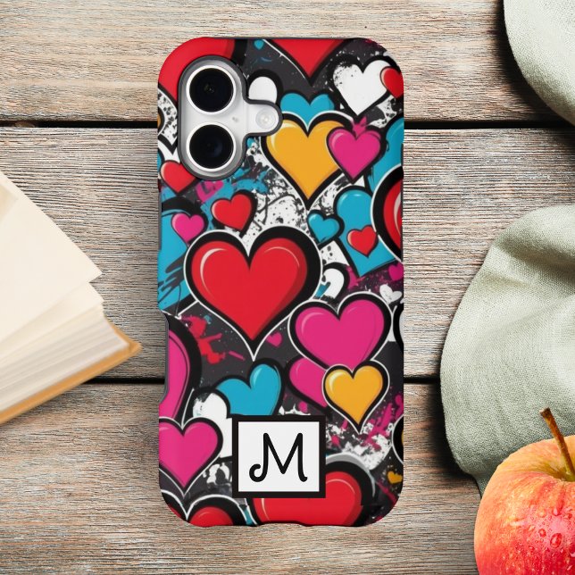 Bright Graffiti Hearts Modern Cool Monogrammed iPhone Case (A cool monogrammed phone cover with graffiti hearts design in a modern street art style)
