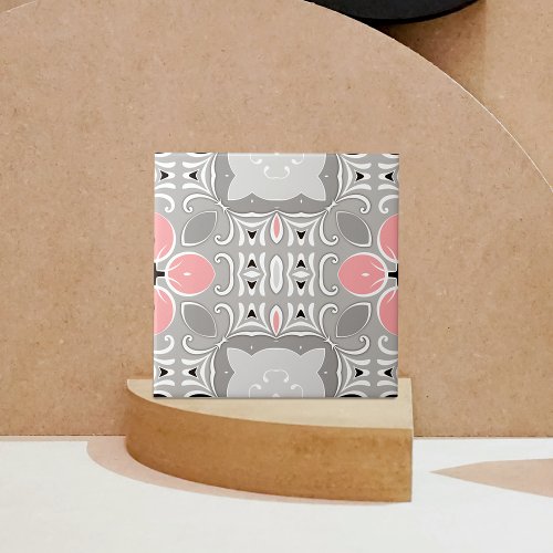 Bright Gray And Pink Intricate Elegant Ornate  Ceramic Tile