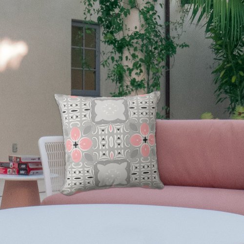 Bright Gray And Pink Intricate Elegant Ornate Outdoor Pillow
