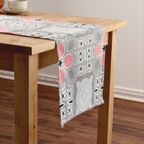 Bright Gray And Pink Intricate Elegant Ornate Short Table Runner