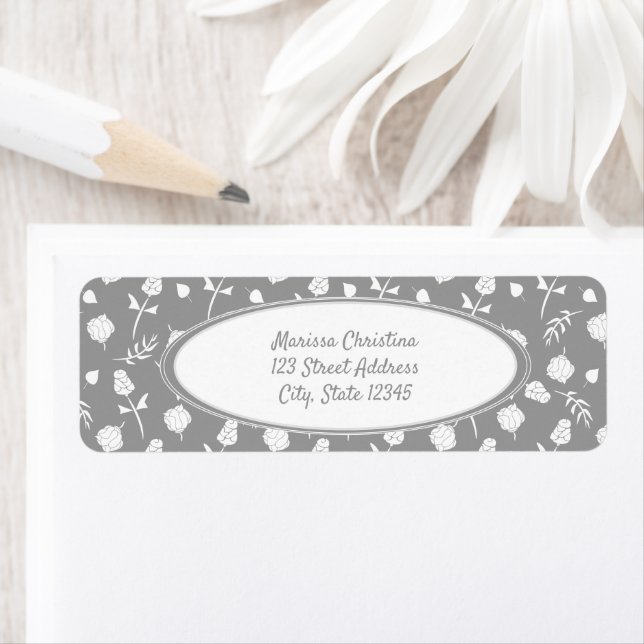 Bright Gray and White Floral Pattern Label (Insitu)