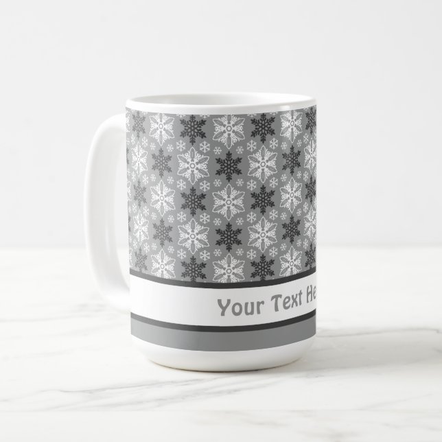 Bright Gray Black Winter White Snowflake Pattern Coffee Mug (Front Left)